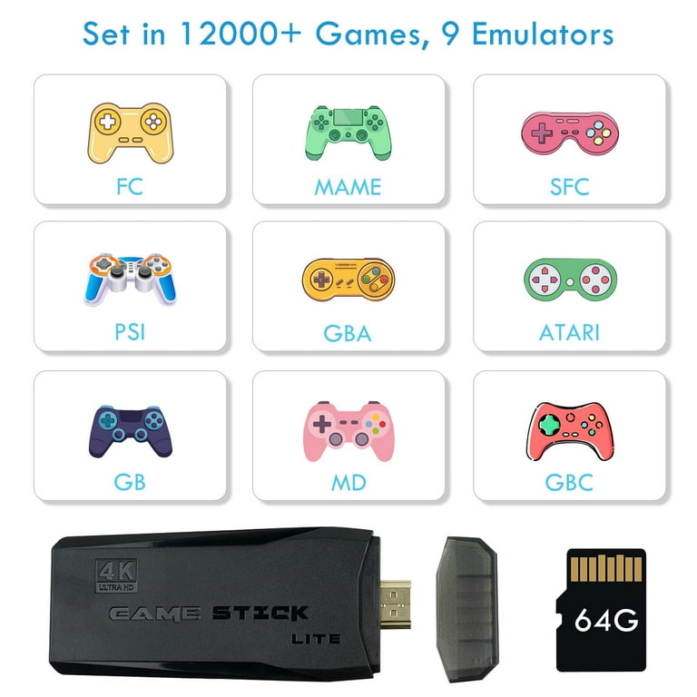 HDMI 4K TV Game Stick 64G 10000+ Game 32G 5000+ Game Video Built in Games  Console + 2× Wireless Gamepad 