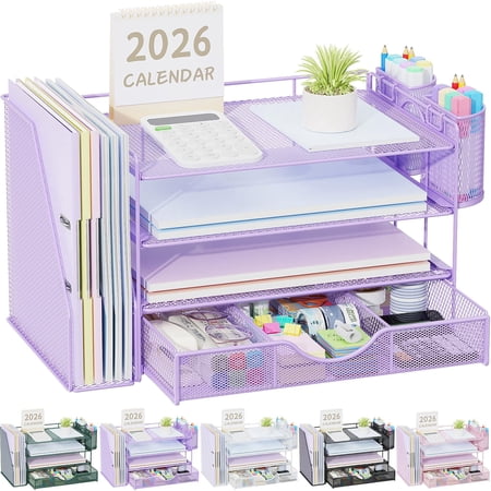 4-Tier Desk Accessories & Workspace Organizers with Drawer and 2 Pen Holder Paper Organizer for Office Supplies (Rose Gold)