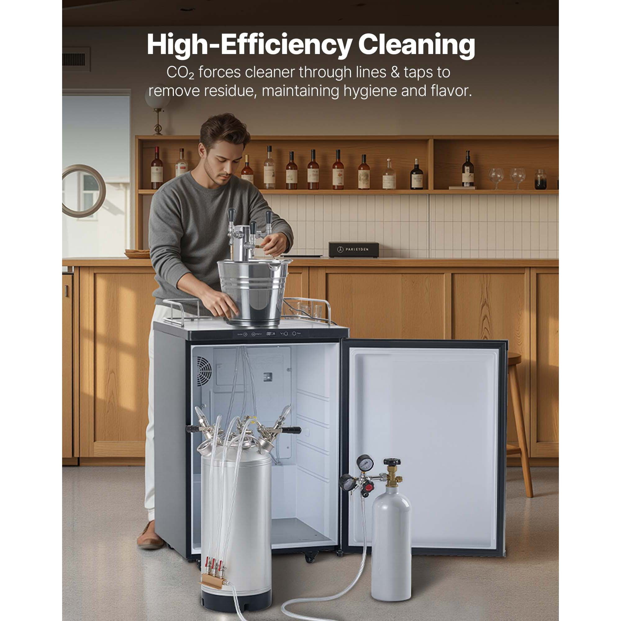 KFFKFF 5 Gallon/19L Cleaning Keg with 4 D Coupler Connections & Rubber Base, Stainless Steel Beer Line Cleaning Kit for Kegerators