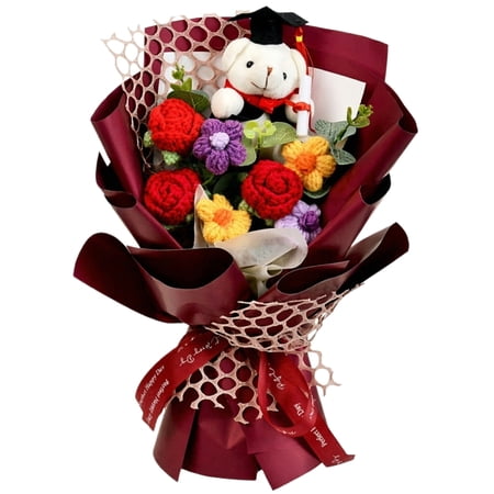 Graduation Gifts Crochet Flowers Bouquet Handmade Sunflower Rose Bear Graduations Flower Bouquet for Birthday Teacher Appreciation Gifts Christmas Home D&eacute;cor 12 Inch (Red)