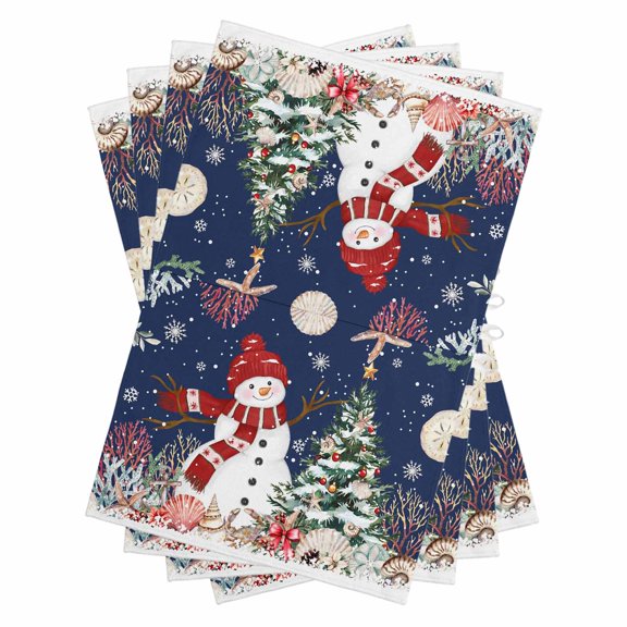 Navy Blue Christmas Kitchen Towels Set of 4, Water Absorbent Dish Towel, Snowman Xmas Tree Coastal Snowflake Starfish Decorative Hand Towels - Quick Drying Cloth for Cooking Baking, 18x28 Inch
