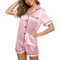 thumbnail image 2 of Jacenvly Silk Pajamas for Women Set Light Breathable Holiday Pajamas for Women Summer Loose Half V-Neck Solid Mid-Calf Shirt Pajama Sets Pink, 2 of 9