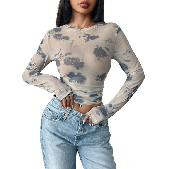 Gdvsclr Mesh Top Mesh Crop Top for Women Y2K Long Sleeve Crew Neck Top Cream White M
