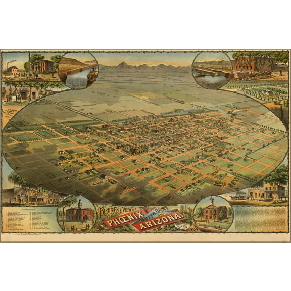 24"x36" Gallery Poster, Birdseye view map of Phoenix Arizona 1885