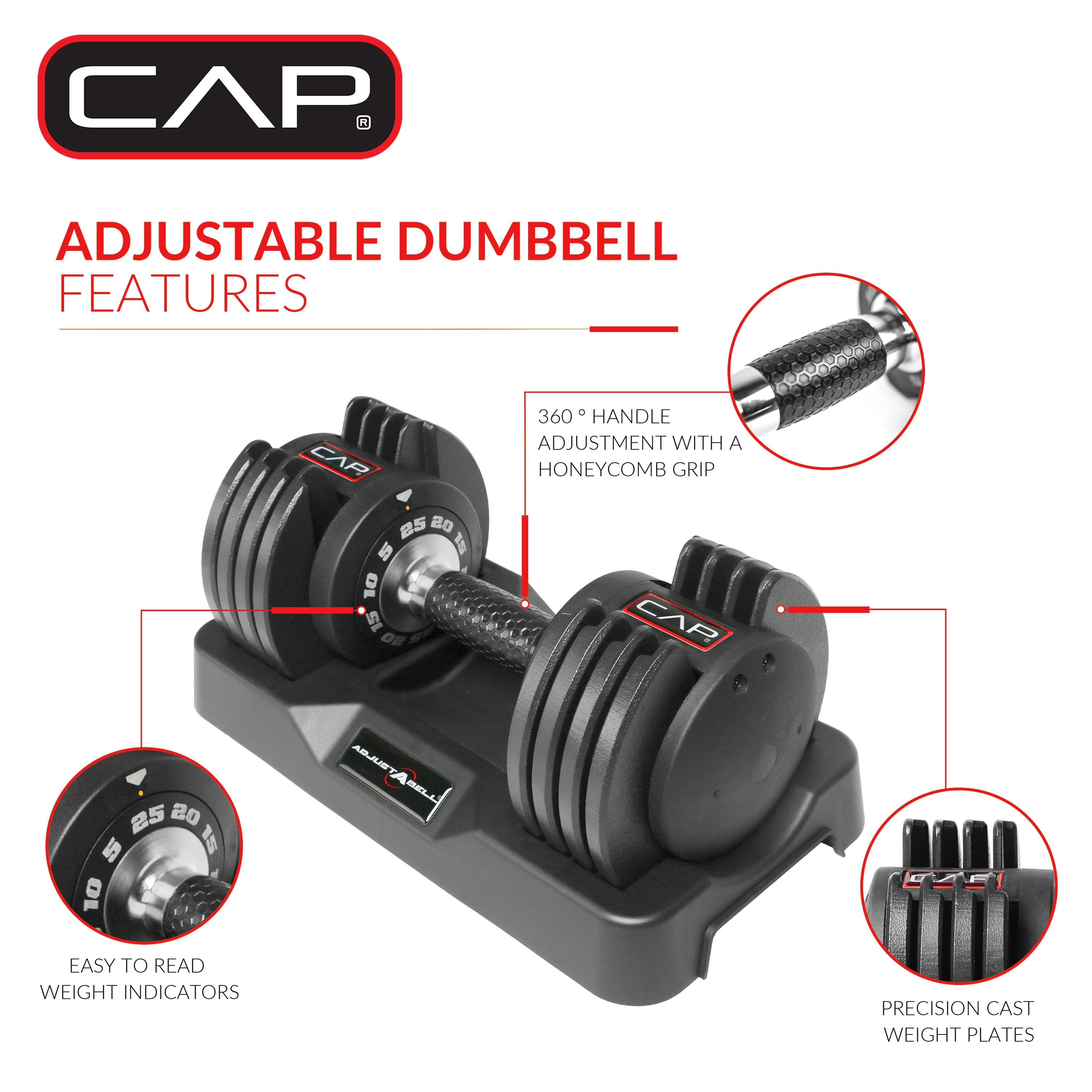 CAP Barbell 5-in-1, 25lb ADJUSTABELL® Dumbbell, (5 10 15 20 25 lb) in 5lb Increments