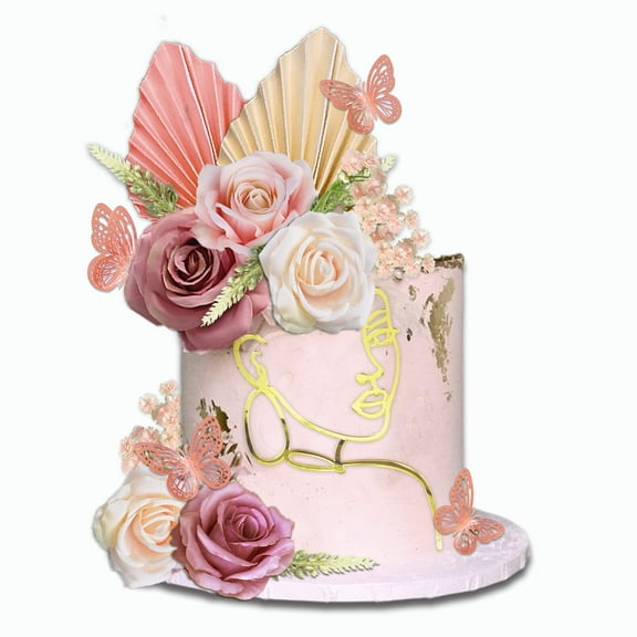 26Pcs Flower Cake Toppers Butterfly Cake Decoration Acrylic Art Lady Face Cake Toppers Artificial Purple Pink Flowers for Women Birthday Wedding Party