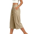 thumbnail image 6 of Women's Pleated Wide Leg Capri Culotte Pants Elastic High Waist Textured Lightweight Wrinkle Resistant Casual Fit Khaki XXL, 6 of 7