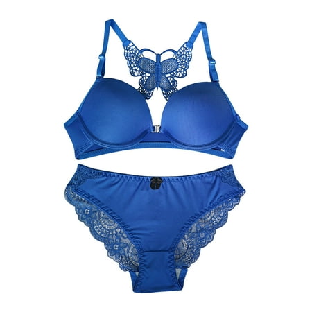 SOOMLON Comfortable Bras for Women Fashion Lace Beauty Back Strap Wrap Plus Size Bra Set Push Up Bralette Female Lingerie Blue S