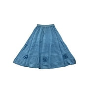 Mogul Womens Festive Skirt Blue Embroidered A-Line Long Flirty Skirt