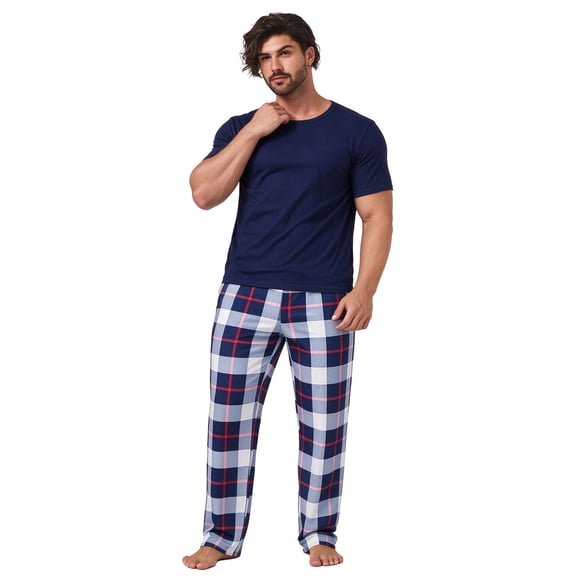 Men's 2-Piece Pajama Set, Short Sleeve Solid Top & Plaid Long Pants, Soft Breathable Loungewear with Pockets, Wearable Outside