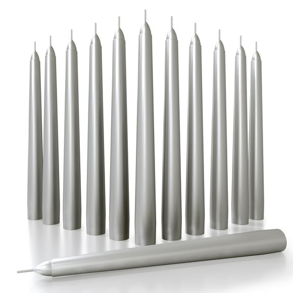 Juego de 12 velas CANDWAX en forma de cono plateado, 20 cm, sin goteo