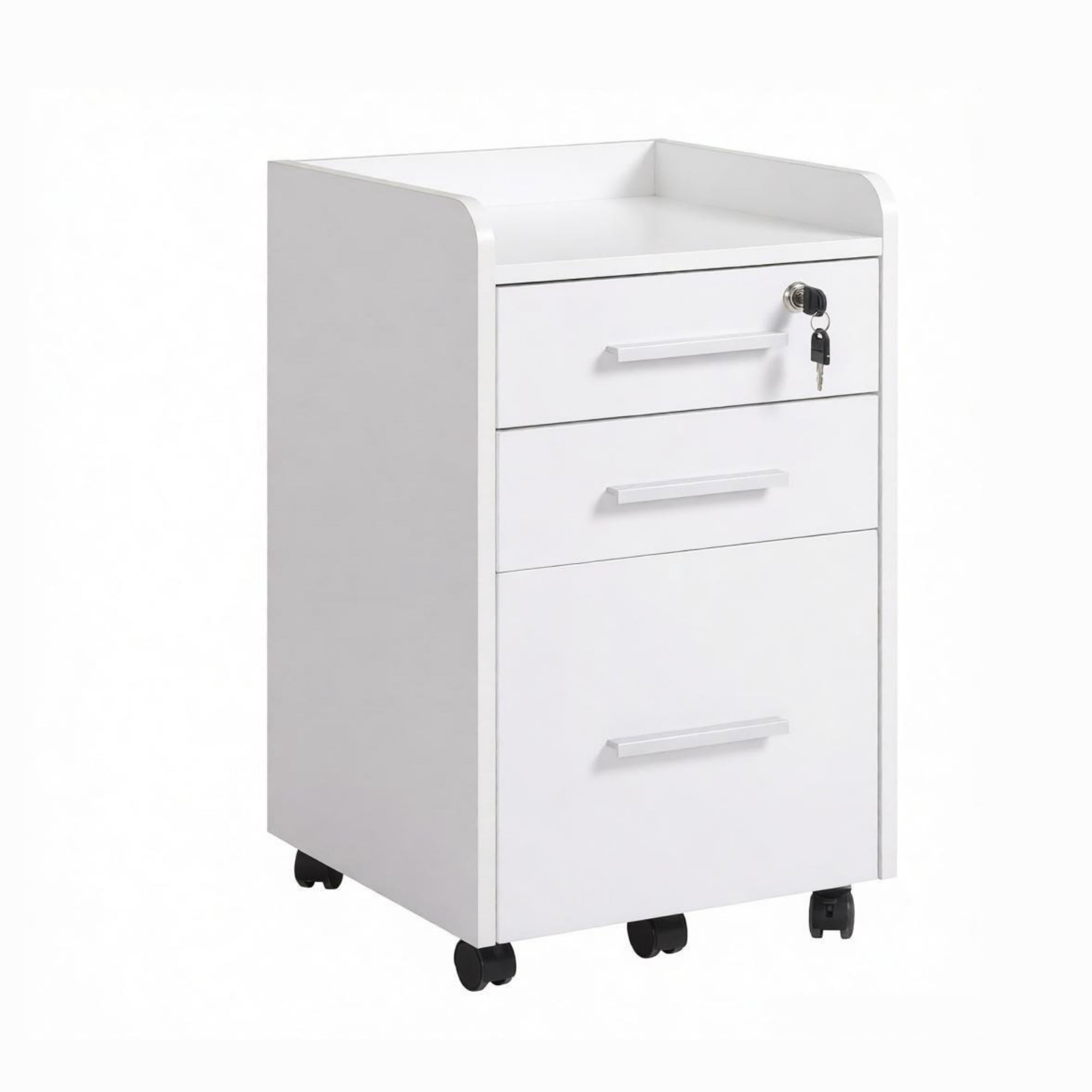 3 Drawer Mobile File Cabinet, for Office Document Organization, Lockable, Edged Top, Rolling, White
