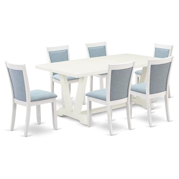East West Furniture V-Style 7-Piece Asian Wood Dining Set in Baby Blue/White