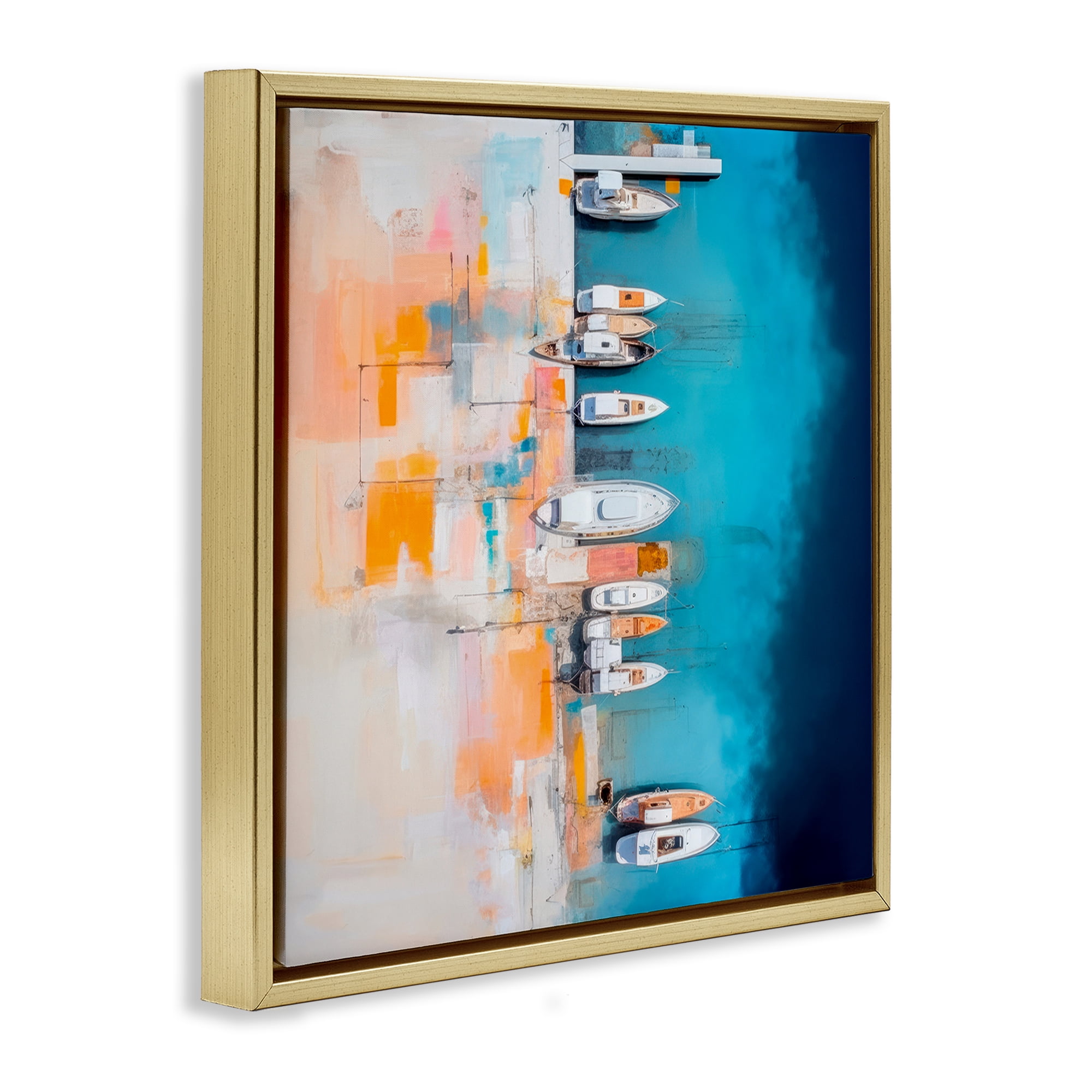 Stupell Industries Boat Harbor Aerial View Transportation Painting Gold Floater Framed Canvas Art Print Wall Art, 18 x 18