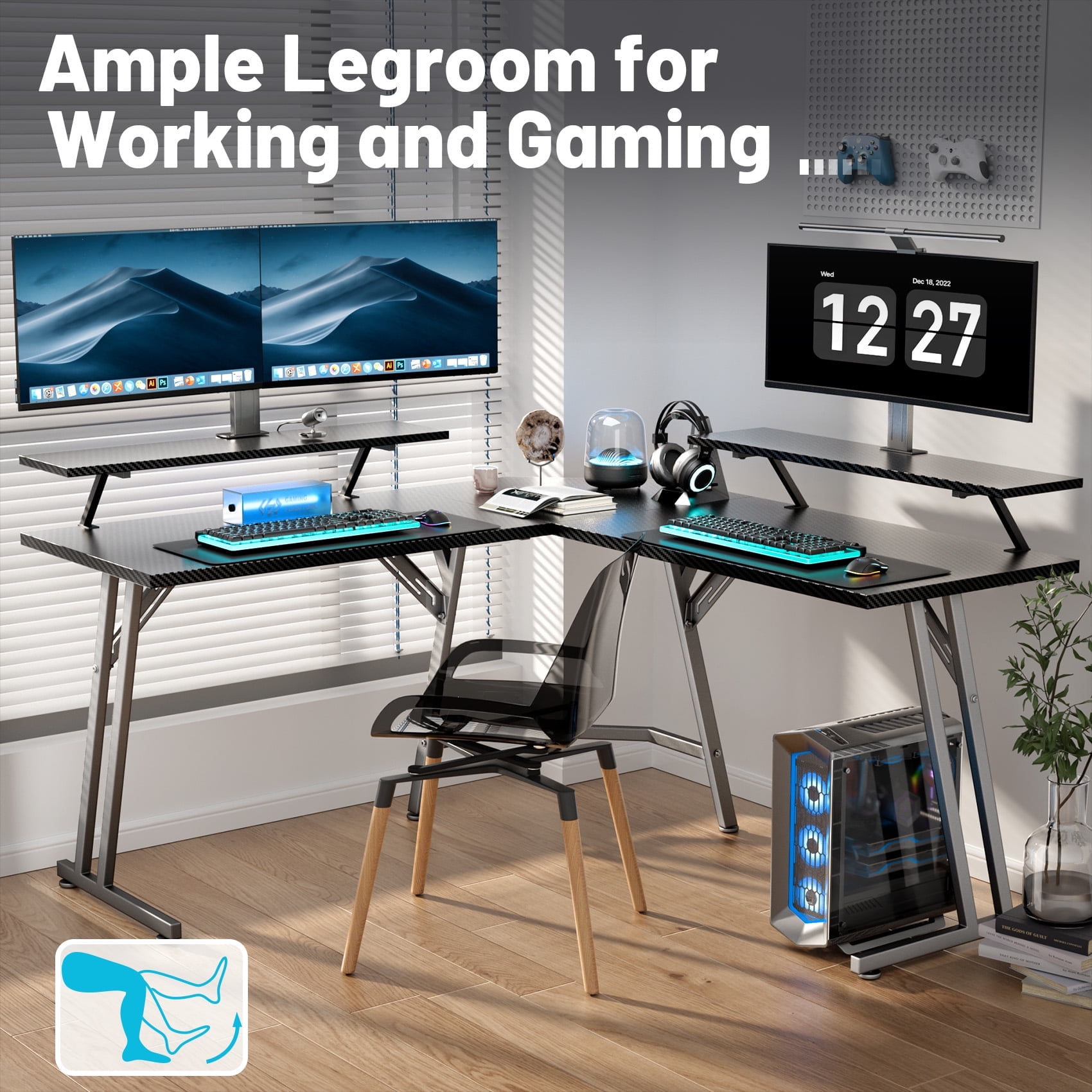 HLDIRECT 51 inch L Shaped Gaming Desk with Monitor Stand and LED Lights, Corner Computer Desk, PC Gaming Table