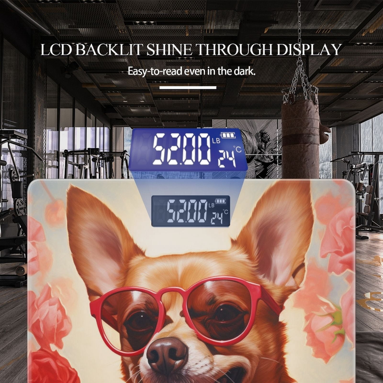 Bathroom Scale, Highly Accurate Digital Body Scale,Precisely Measures Weight up to 400 lbs-Smiling Chihuahua Wearing Red Glasses