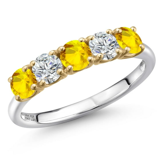Gem Stone King 925 Silver and 10K Yellow Gold Yellow Sapphire and Lab Grown Diamond Wedding-Bands Ring for Women | 1.62 Cttw | Round 4MM | Gemstone September Birthstone | Size 5