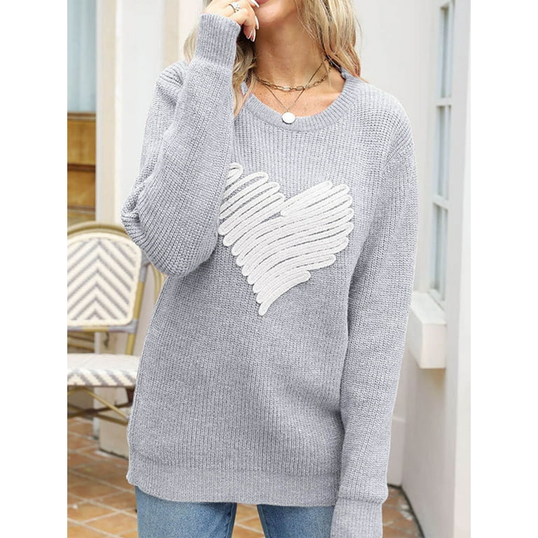 Musuos Women Loose Knit Sweater Heart Embroidery Long Sleeve Crew