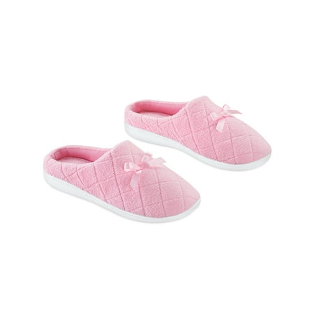 Pink Insoles - Slip On Slippers with Bow - Quilted Upper, Padded Insoles, Large, Pink
