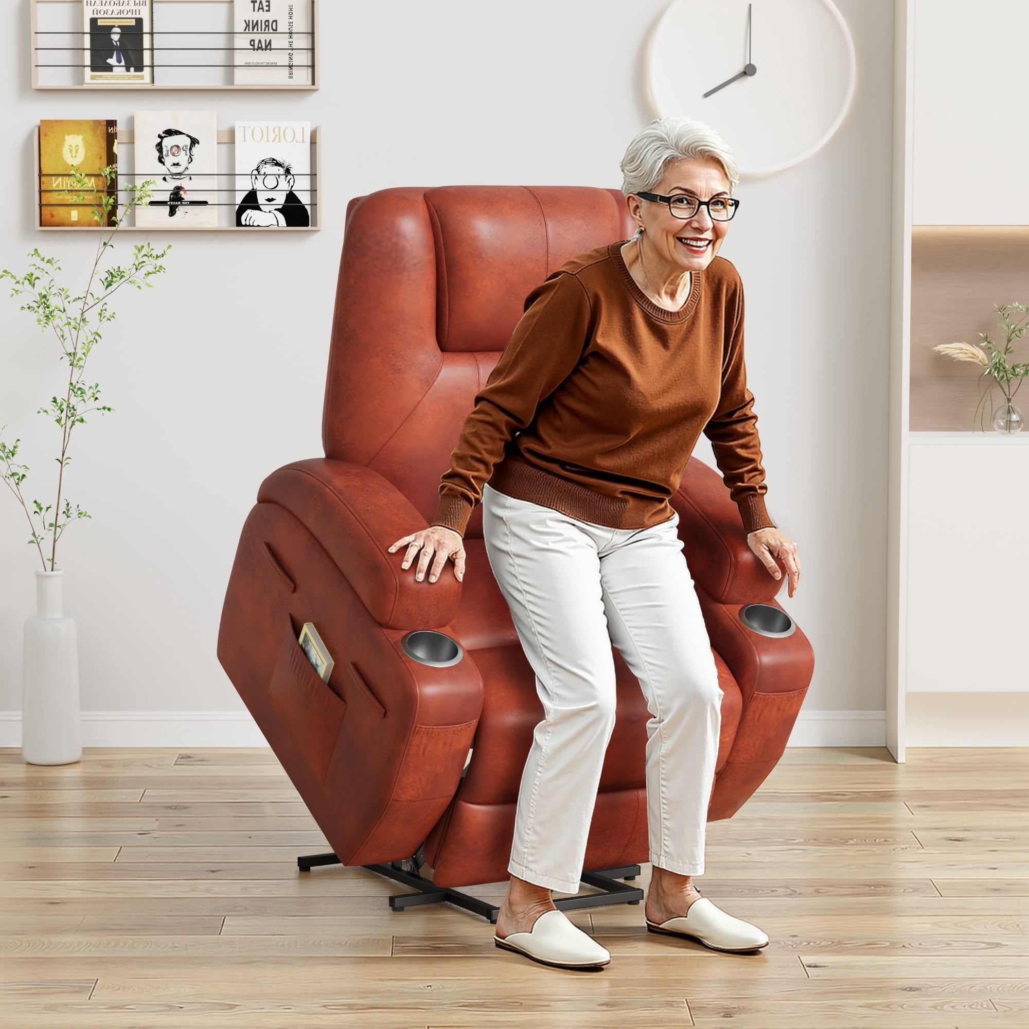 Vineego Power Lift Recliner Chair with Massage - Remote Control, Leathaire Fabric, Cup Holders for Elderly & Home Theater,Brown