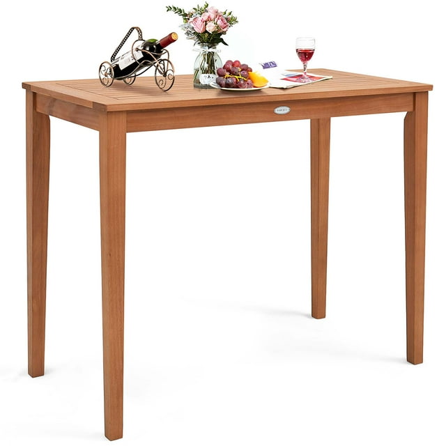 Costway Outdoor Bar Table 48" Eucalyptus Wood Bar Height Slatted Tabletop Patio Dining