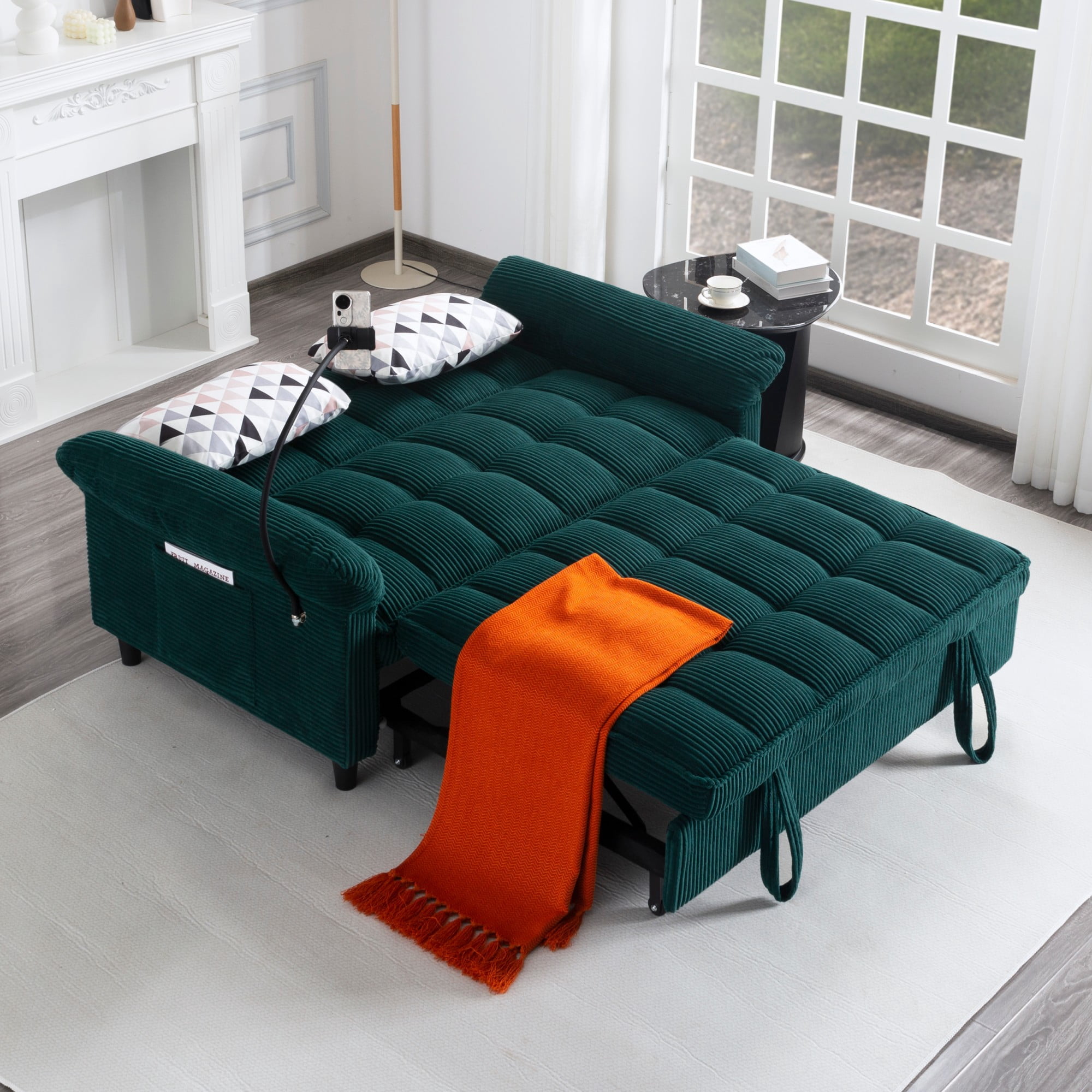 BSHTI 58.27" Corduroy Convertible Sofa Bed with Pull Out Sleeper, 3-Position Backrest, Storage Pocket for Living Room Guest Room, Black（Green）