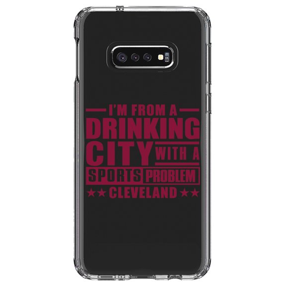 DistinctInk Clear Shockproof Hybrid Case for Samsung Galaxy S10e (5.8" Screen) - TPU Bumper Acrylic Back Tempered Glass Screen Protector - Cleveland Drinking City Sports Problem