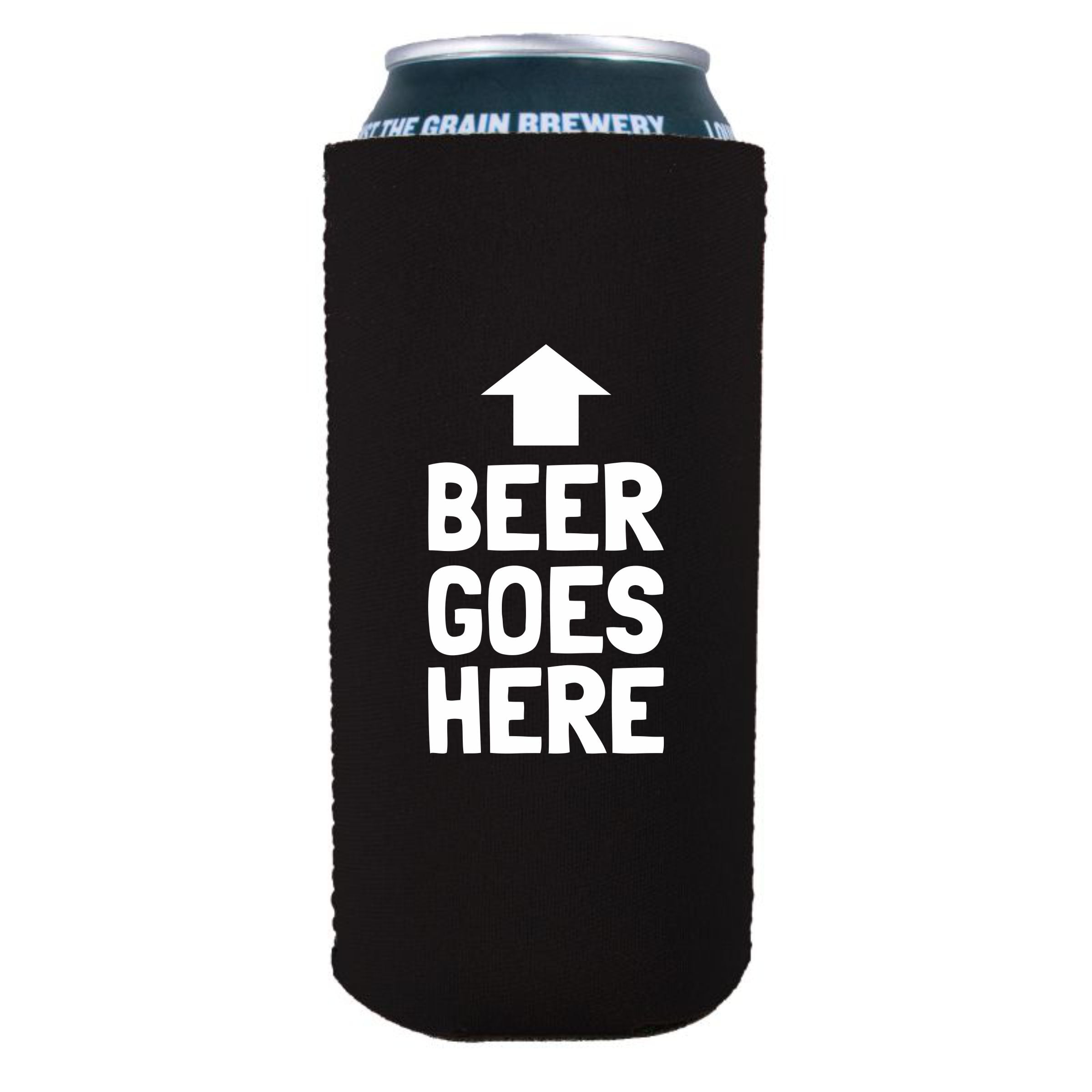 Beer Goes Here Arrow Up Funny 16 oz. Can Coolie (Black)