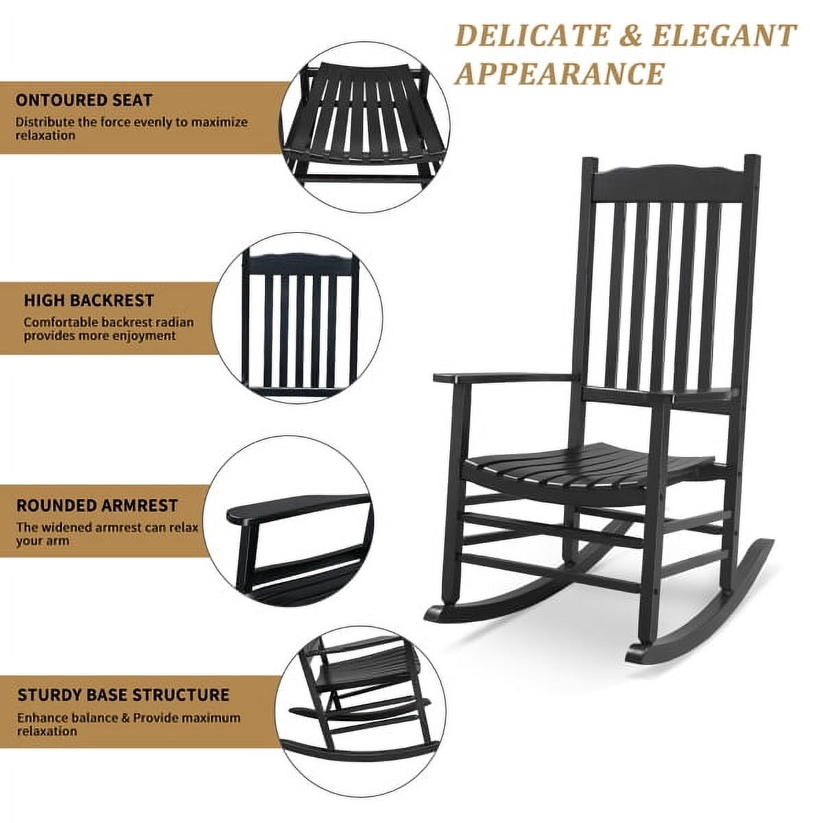 Black Square Wooden Rocking Chair with Solid Wood Frame, Indoor/Outdoor Stable Rocker for Patio, Porch & Living Room