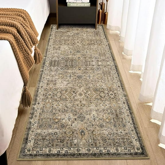 Vintage Floral 2x6 Runner Rug Reddish Brown Boho Washable Kitchen Runner Rug Non-Slip Hallway Runners Thin Printed Faux Wool Super Soft Carpet for Entryway Laundry Room Bedroom Indoor