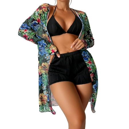 XUELUO Womens Bikinis Solid Color Sexy Halter Push Up Bra And High Waist Panty Set Long Sleeve Cover Up Three Pieces Tankinis Swimwears Holiday Wear
