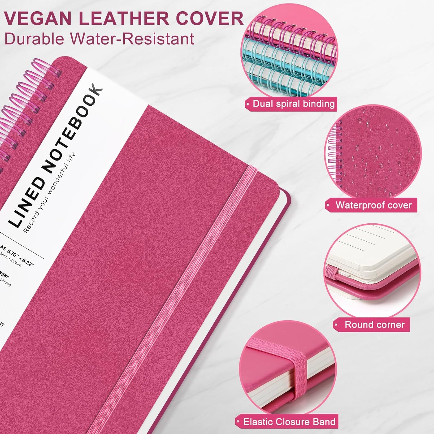Deeppink Lined Spiral Journal Notebook, 160 Pages, 85.7in A5, for Work, School, Women, Men - College Ruled, Hardcover Leather Journal