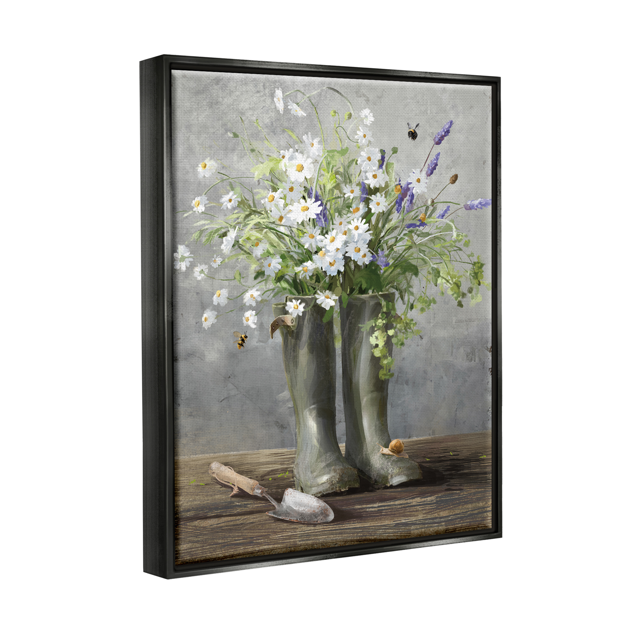 Stupell Industries Gardening Boots Bouquet Botanical & Floral Painting Black Floater Framed Art Print Wall Art, 25 x 31
