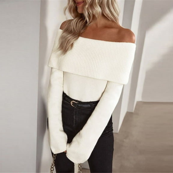 Qepwscx Womens Off The Shoulder Sweaters Chunky Ribbed Knit 2025 Casual Long Sleeve Loose Fall Trendy Pullover Sweater Pullover Jumperes Tops Plus Size S_XXXXXL