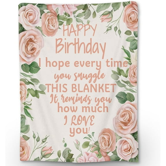 Happy Birthday Blanket, Soft Fuzzy Warm Lightweight Flannel Throw Blanket with Roses, Ideal for Couch, Bed, Decor, Travel & Outdoor Use, for Women Girls 60×50 in