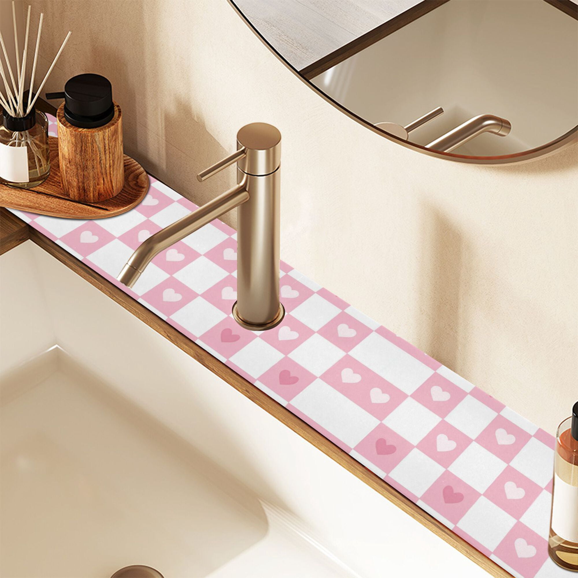 Yayeee Faucet Mat for Kitchen Sink 14.7" Diatomite Long Splash Guard Pad, Pink Checkered Heart, 2 Pack