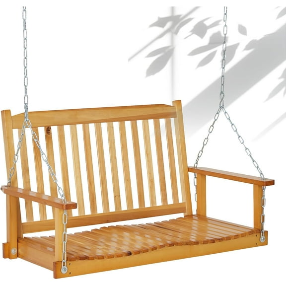 Wood Porch Swing Outdoor Patio Hanging Bench Chair Furniture for Deck Garden Yard with Mounting Chains and 440lb Weight Capacity， Curved Seat