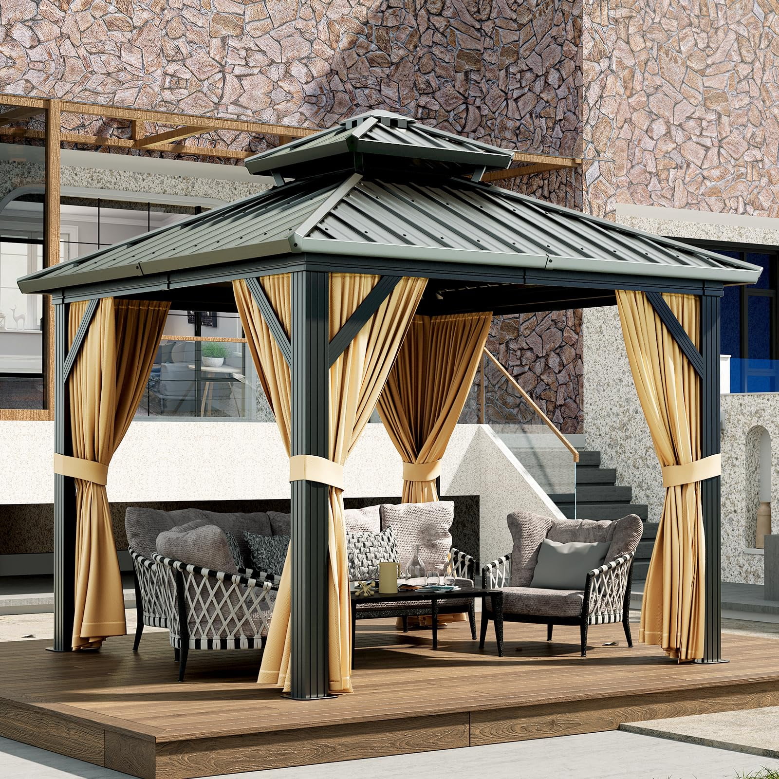 COZONY 10*10ft Hardtop Gazebo, Double Galvanized Steel Roof with Netting & Curtains, Aluminum Frame Pavilion for Patio Terrace Lawn,Black