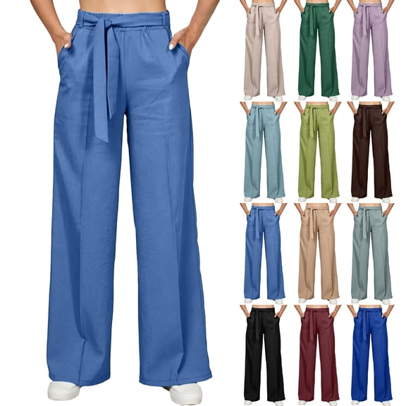 Plus Size Wide Leg Pants for Women Solid Elastic Waist Pocket Long Trousers with Belt Included, Sizes M-4XL