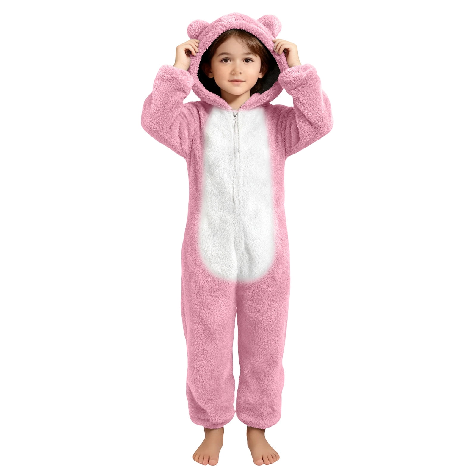 UQJfacai Girls Fleece Onesie Jumpsuit Kids Color Block Warm Sherpa Romper One Piece Zipper Cat Ear Hooded Cute Loungewear 4-14 Years