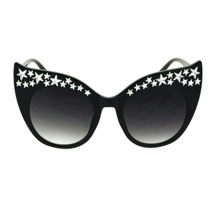 Star Engraving Sparkle Bat Shape Cat Eye Retro Sunglasses Black Smoke