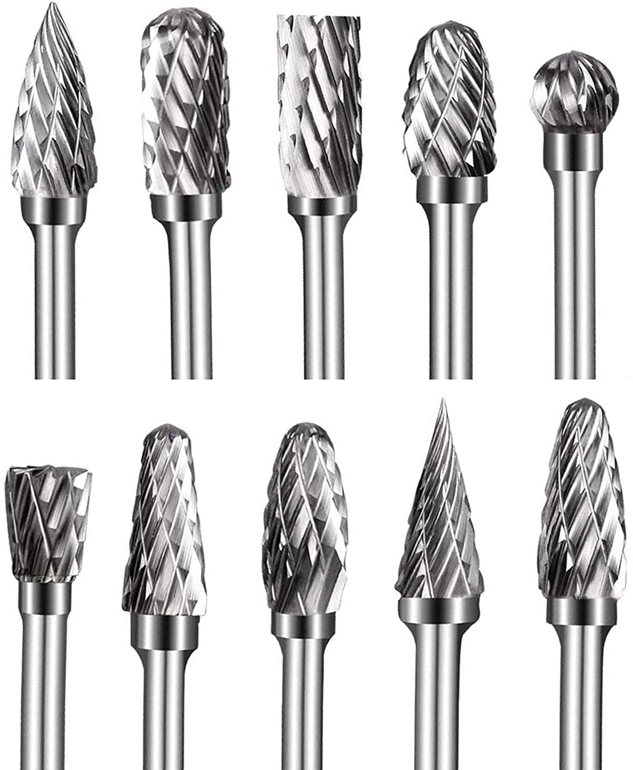 Tungsten Carbide burr drill Bit Set 10 Pcs Rotary Double Cut Carving Drill with 1/8In Shank and 1/4 In Head for Grinder Drill Wood-Working Carving Carbide Burr Set Etc Metal Polishing,Drilling 