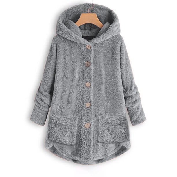 Chaqueta De Invierno Con Capucha Para Mujer Tallas Grandes - Felpa, Holgada, Con Botones, Abrigo Cálido De Poliéster