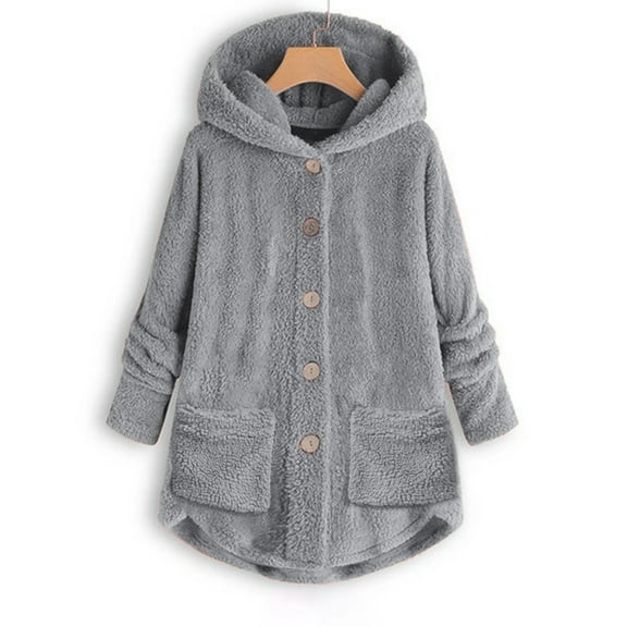 UTTOASFAY Women Coats Plus Size Clearance Women Plus Size Button Plush Tops Hooded Loose Cardigan Wool Coat Winter Jacket Rollbacks Gray 10(M)