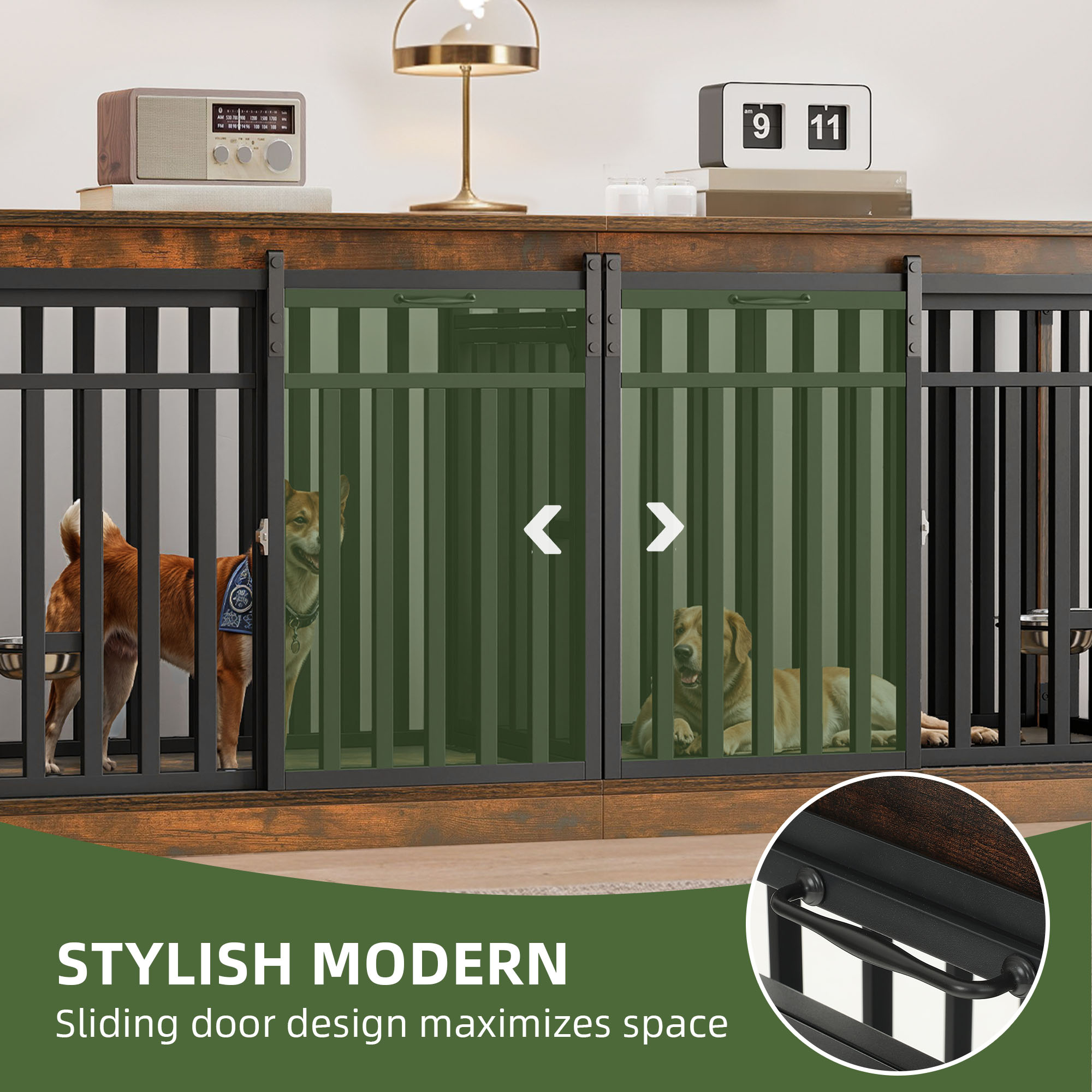 Uforic 71 in Large Double Dog Crate Furniture with 4 Dog Bowl, Wooden Indoor Dog Kennel Cage TV Stand for 2 Dogs Indoor - Rustic Brown