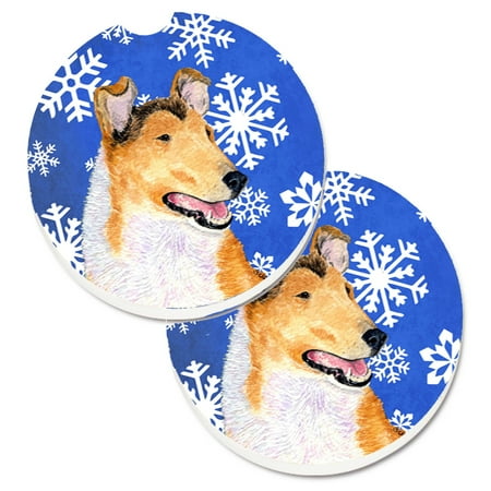 

Carolines Treasures SS4608CARC Collie Smooth Winter Snowflakes Holiday Set of 2 Cup Holder Car Coasters Large