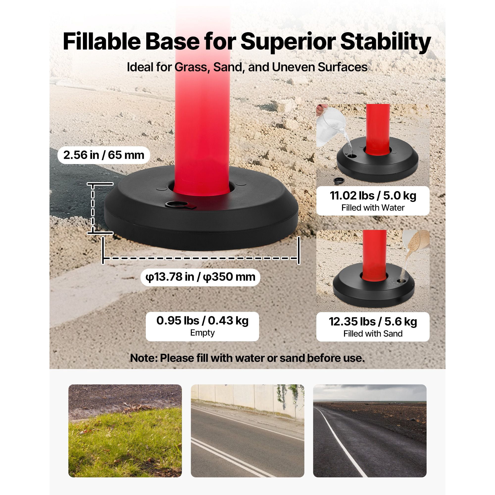 Traffic Delineator Posts 2-Pack 48" with Reflective Strips, Fillable Base, for Construction Site Parking Lot Crowd Control