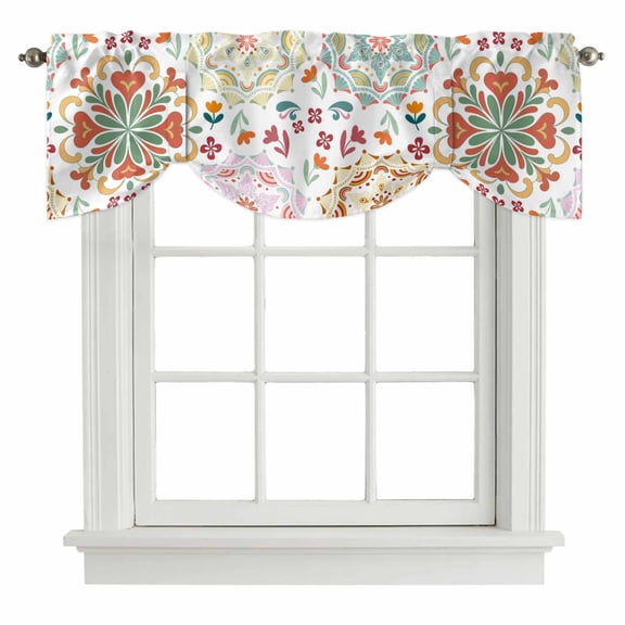 White Boho Tie Up Valance Curtains for Windows, Kitchen Curtains Window Treatments, Retro Ethnic Colorful Flower Aesthetic Art Short Window Shades Valances for Bedroom Bathroom Cafe 42"x18"