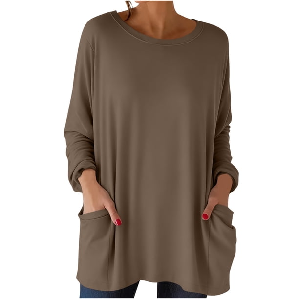 Tops de Manga Larga de las Mujeres Casual Color Sólido Cuello Redondo Suelto Encaje Superior con Bolsillo, Tops de Manga Larga de las Mujeres