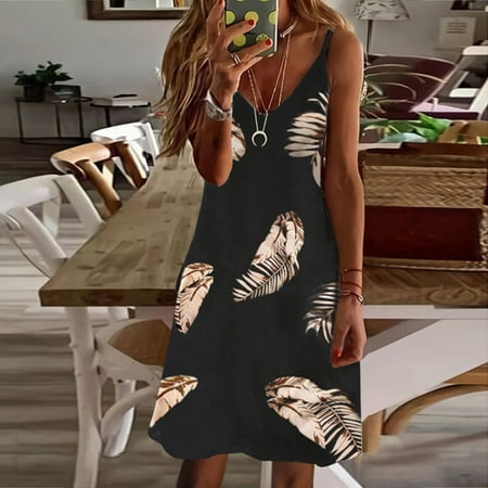 

Leesechin Deals Womens Skirts Maxi Dresses Off Shoulder Dresses Summer Printing Loose V-Neck Sleeveless Vacation Mini Dress on Clearance